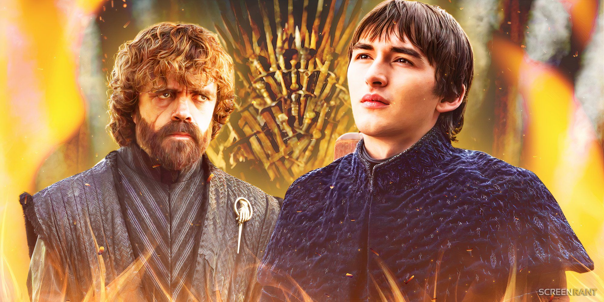 Tyrion Lannister (Peter Dinklage) and Bran Stark (Isaac Hempstead Wright) in Game of Thrones' series finale, with the Iron Throne in the bakground