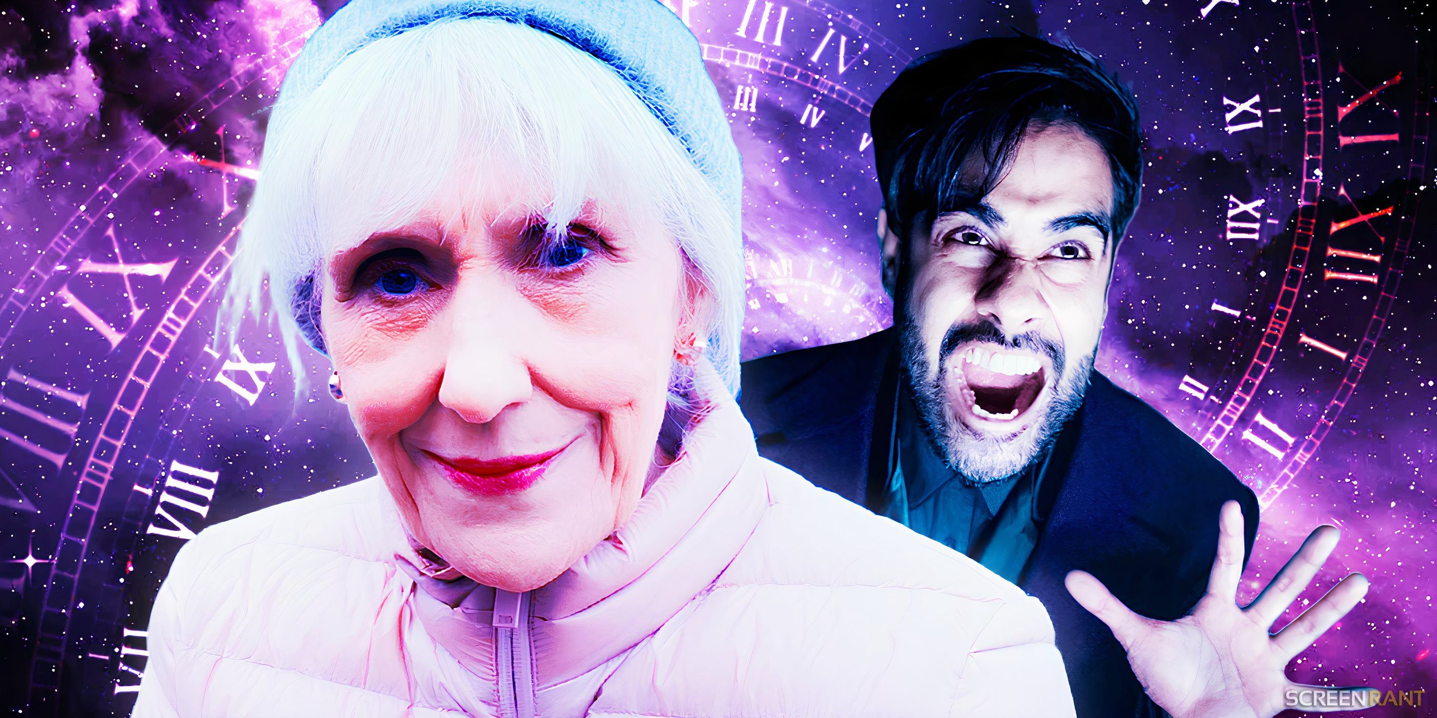 Anita Dobson as Mrs. Flood and Sacha Dhawan as the Master in front of a time warp in Doctor Who.