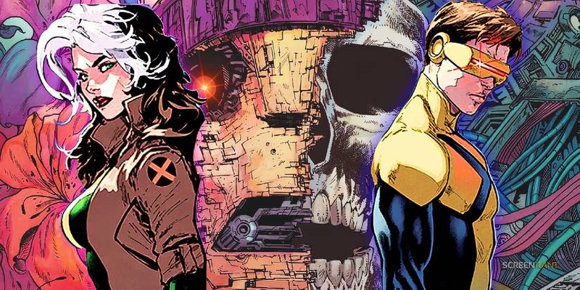 Comic book art: Rogue and Cyclops stand on either side of a massive Sentinel skull.