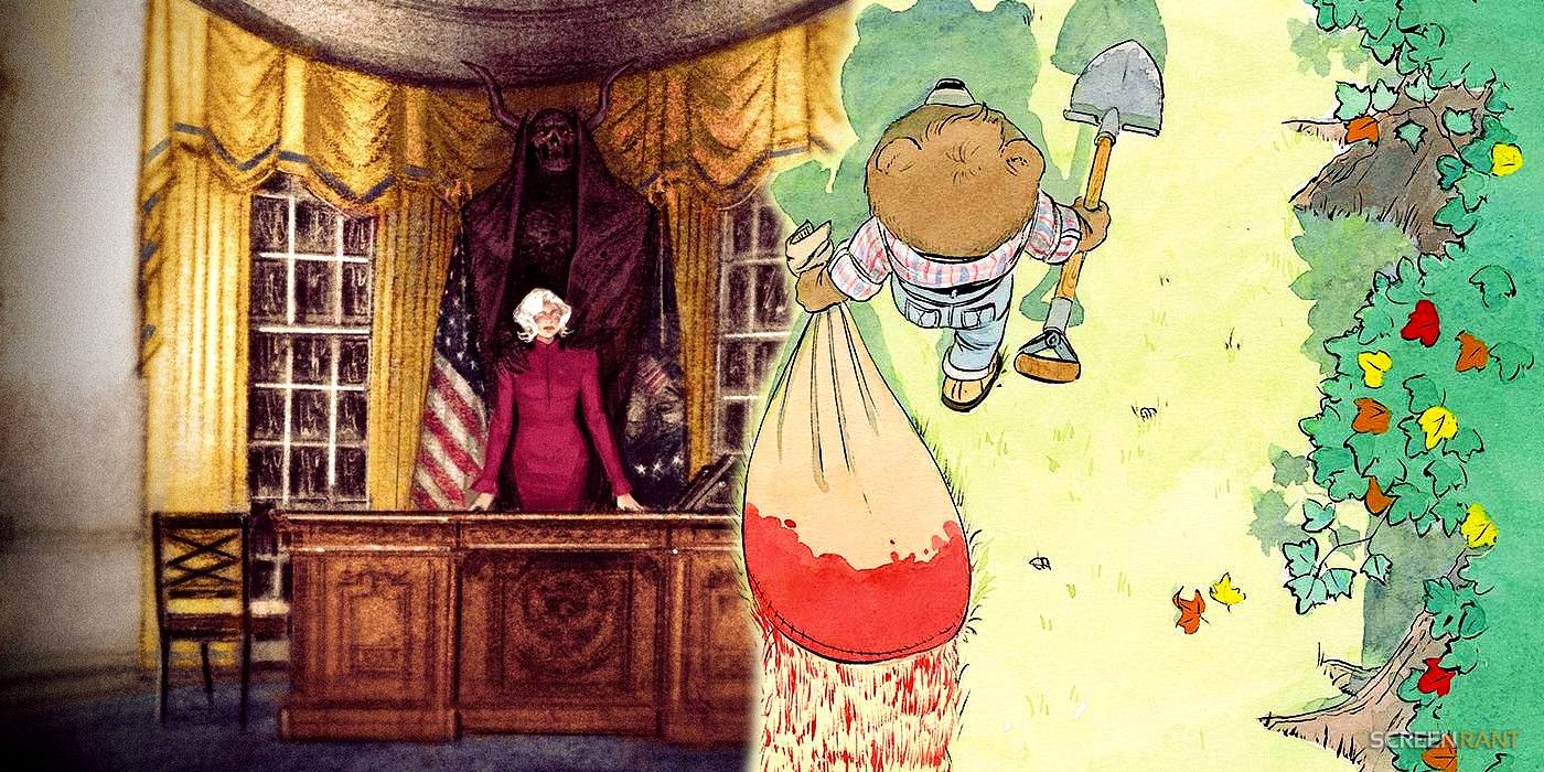 Comic book art: a female US president behind the resolute desk with a massive demon next to a teddy bear dragging a bloody sack through a field.
