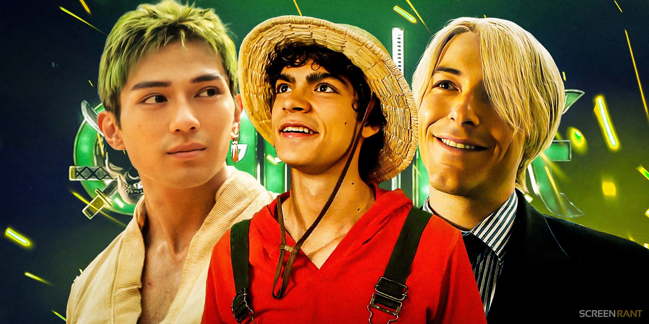 Luffy, Zoro, and Sanji in live-action One-Piece in front of the logo.