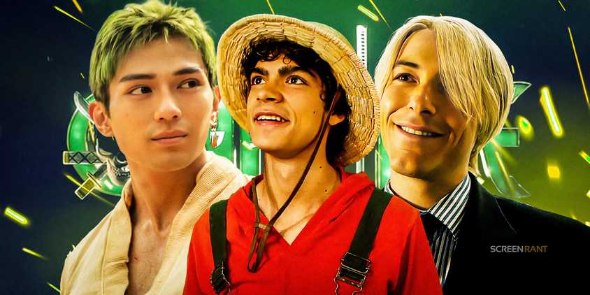 Luffy, Zoro, and Sanji in live-action One-Piece in front of the logo.