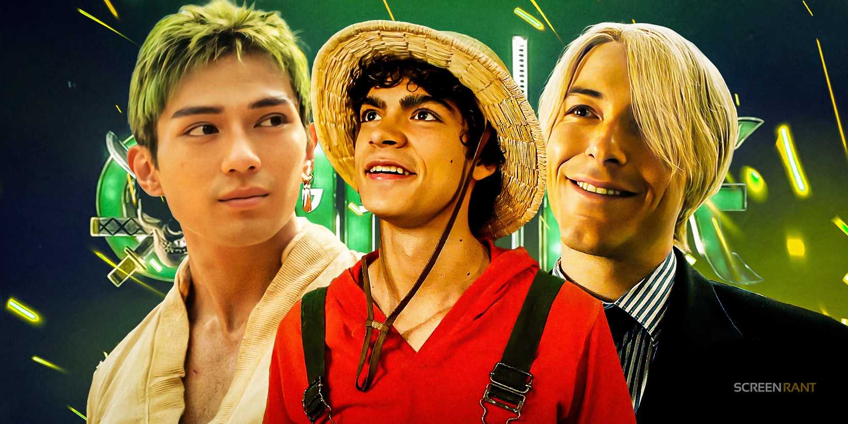 Luffy, Zoro, and Sanji in live-action One-Piece in front of the logo.