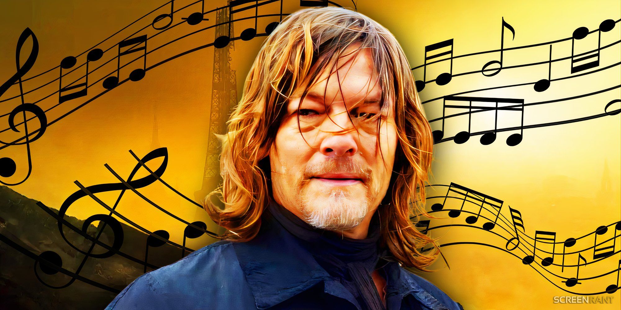 Norman Reedus como Daryl Dixon en The Walking Dead y partitura musical.