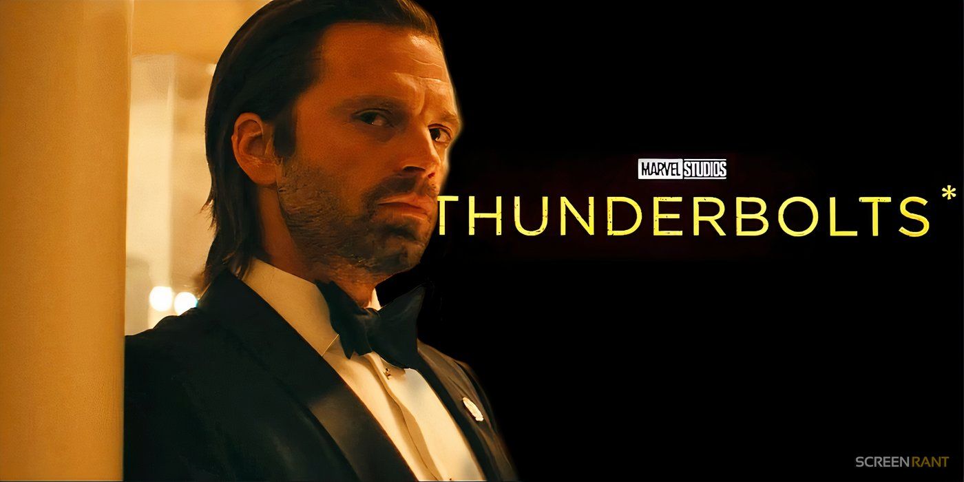 Sebastian Stan's Bucky Barnes with a suit in Thunderbolts and the Marvel movie's logo