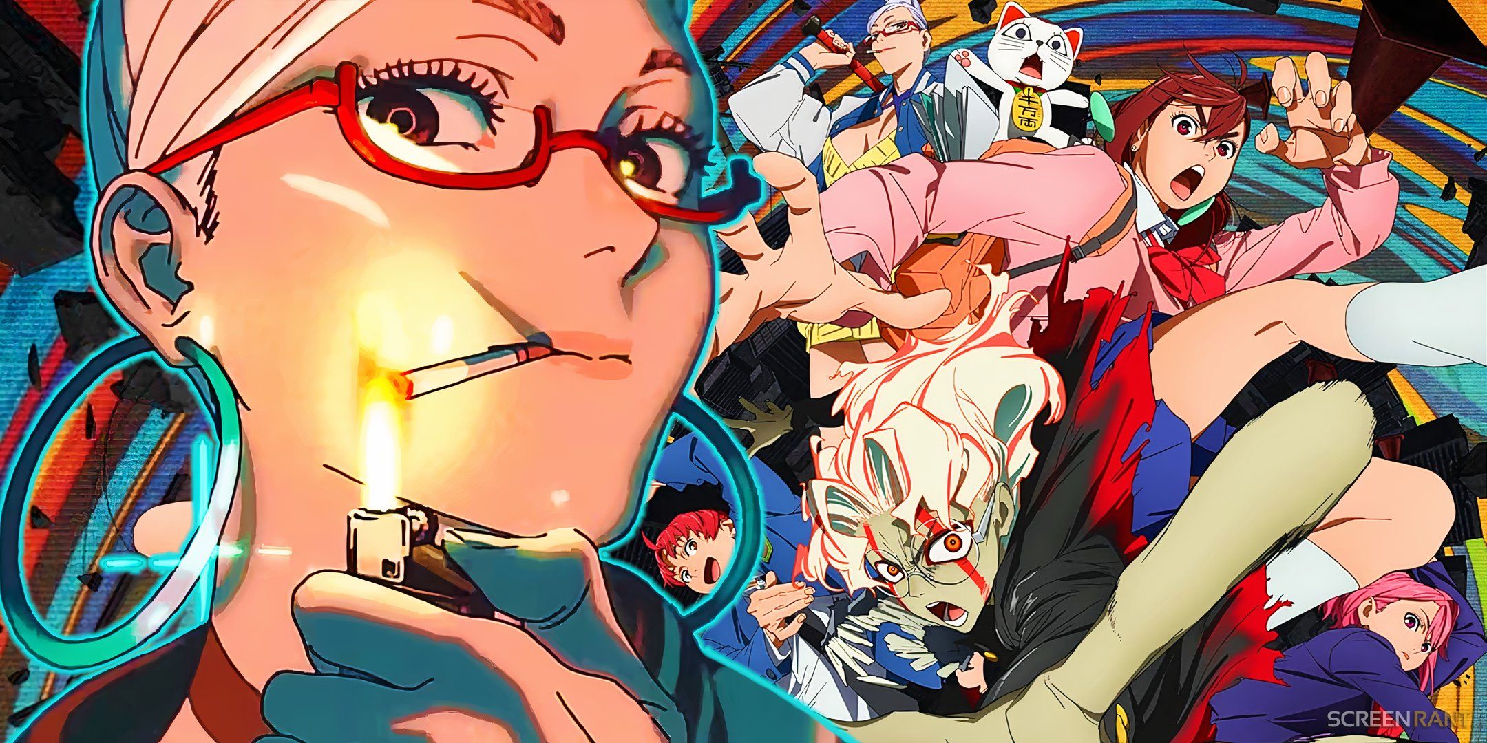 seiko from dan da dan holding up a lighter to her mouth with a key visual for the anime featuring the main cast in the background
