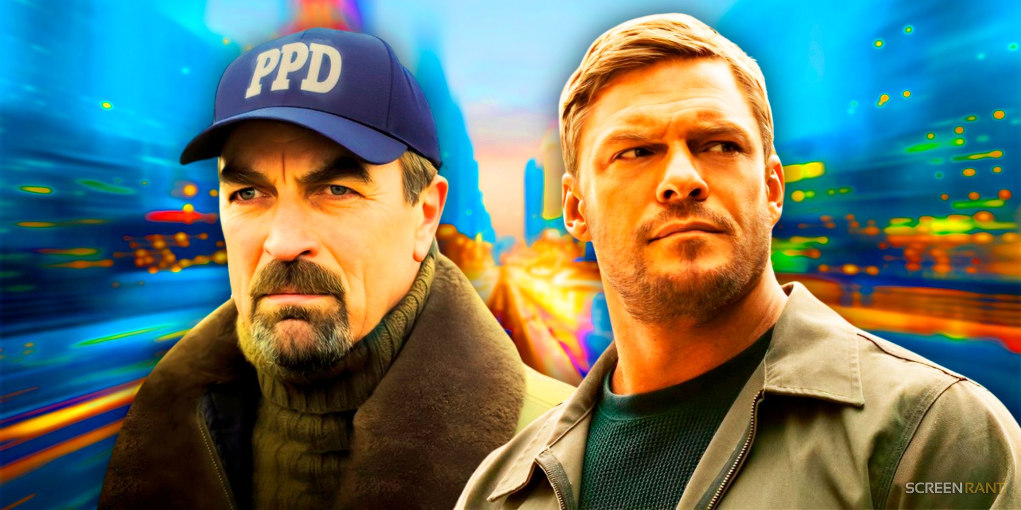 Tom Selleck as Jesse Stone in 2005&rsquo;s Stone Cold with Alan Ritchson&rsquo;s Reacher against a city backdrop