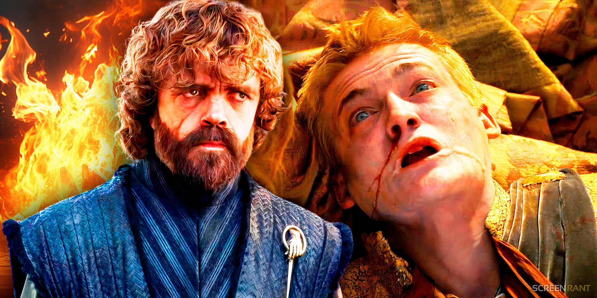 Tyrion Lannister (Peter Dinklage) in Game of Thrones season 8, with Joffrey (Jack Gleeson) dying in season 4