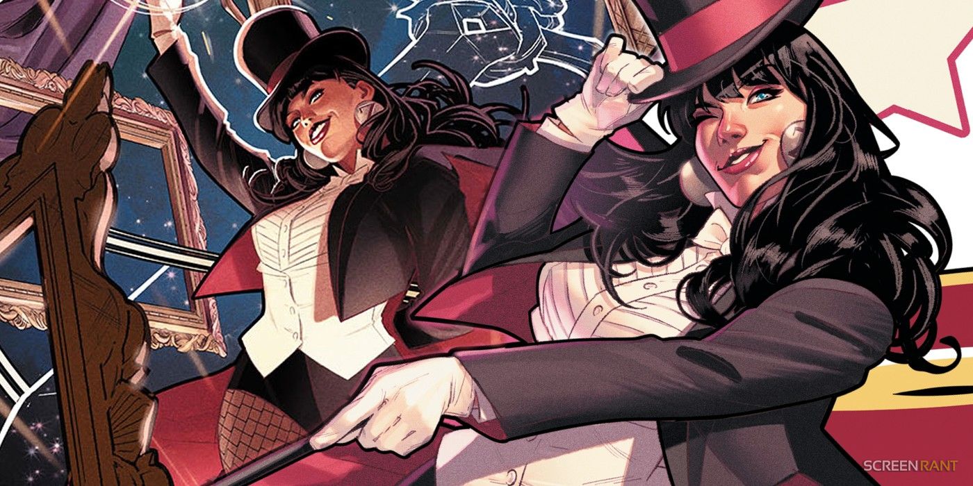  two images of Zatanna smiling in her magician costume.