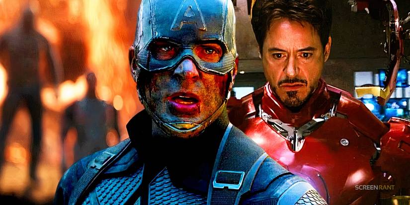 Chris Evans' Captain America in Avengers Endgame's Portals scene and Robert Downey Jr's Iron Man suiting up