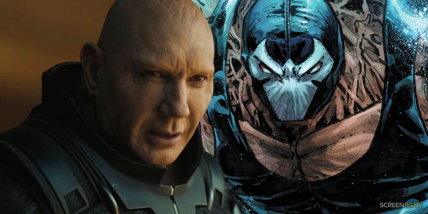 Dave Bautista in armor next to a brooding Bane