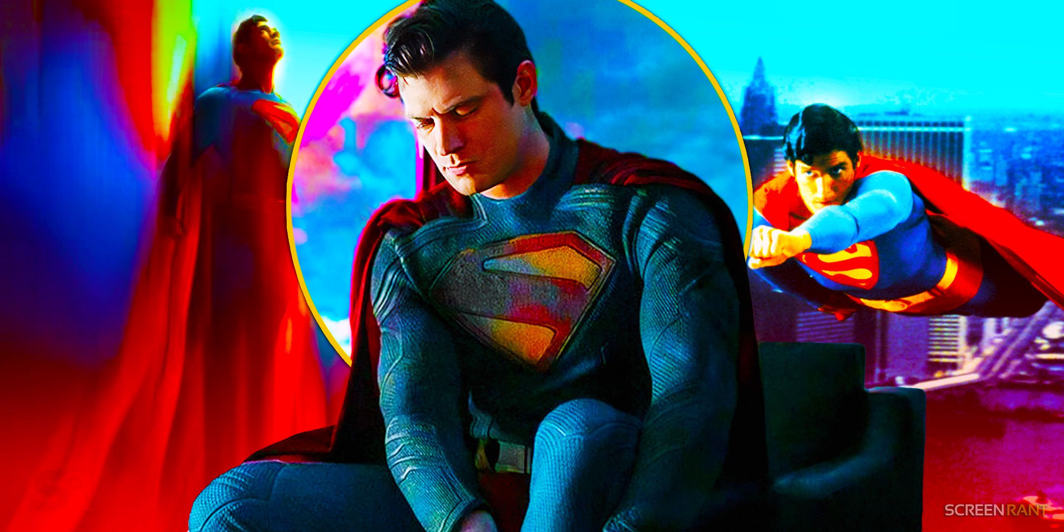 David Corenswet flying as Superman on the left while suiting up in the middle with Christopher Reeve&rsquo;s Superman on his right