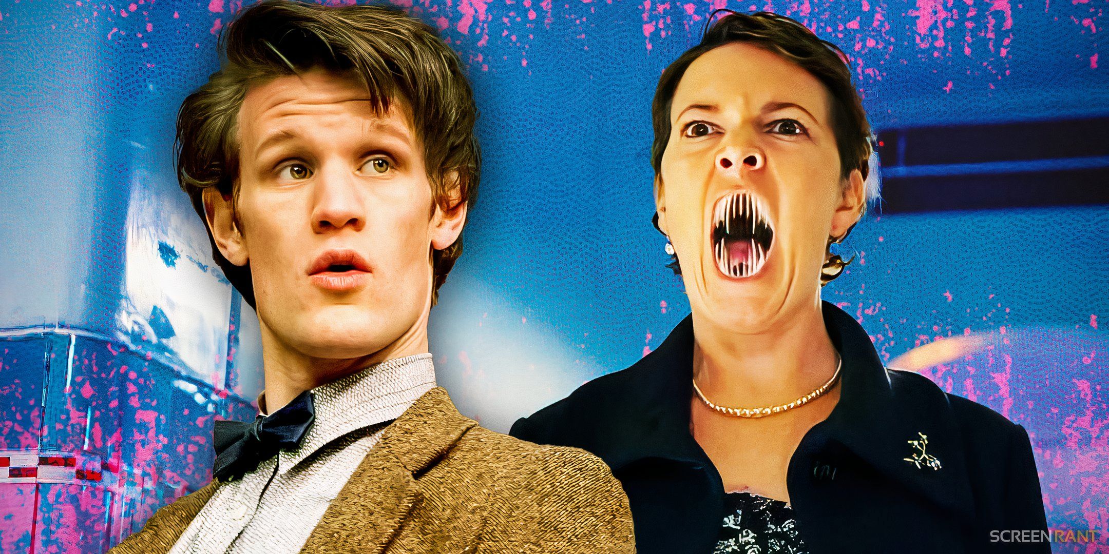 Matt Smith as the Eleventh Doctor looking surprised and Olivia Colman as Prisoner Zero showing her fangs in Doctor Who.