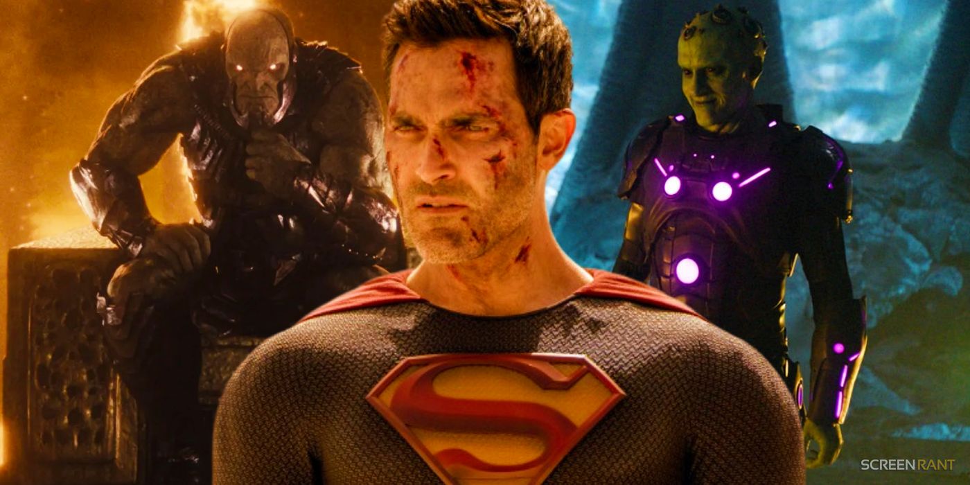 SnyderVerse's Darkseid and Krypton's Brainiac looking menacing behind Tyler Hoechlin's Superman