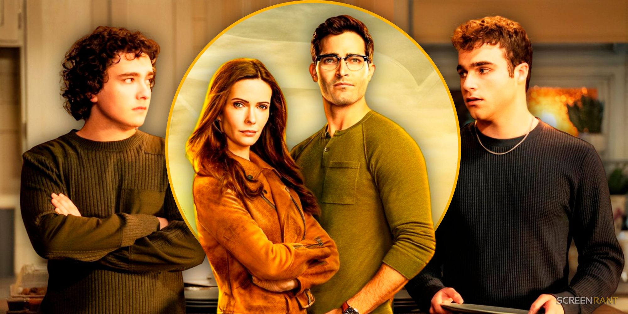 Jonathan and Jordan Kent looking at each other with Lois and Clark in the middle