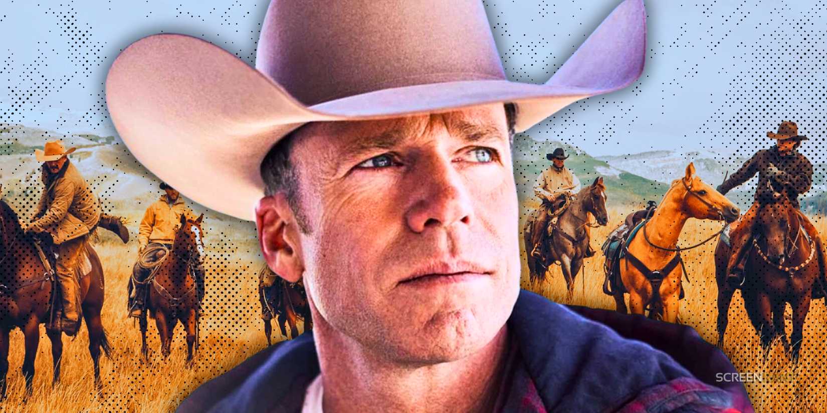 A collage of Taylor Sheridan as Travis Wheatley and the Yellowstone cowboys