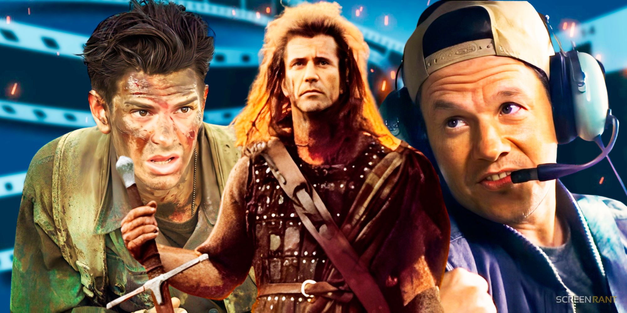 Mark Wahlberg from Flight Risk, Gibson as William Wallace holding a sword in Braveheart and Andrew Garfield in Hacksaw Ridge