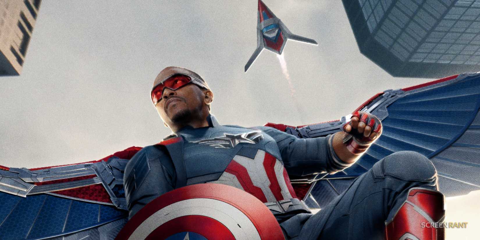 Anthony Mackie as Sam Wilson is seen from below with a drone on a Captain America Brave New World ScreenX Poster