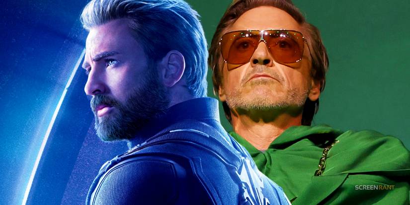 Chris Evans looking emotional as Captain America next to Robert Downey Jr. during his Doctor Doom news
