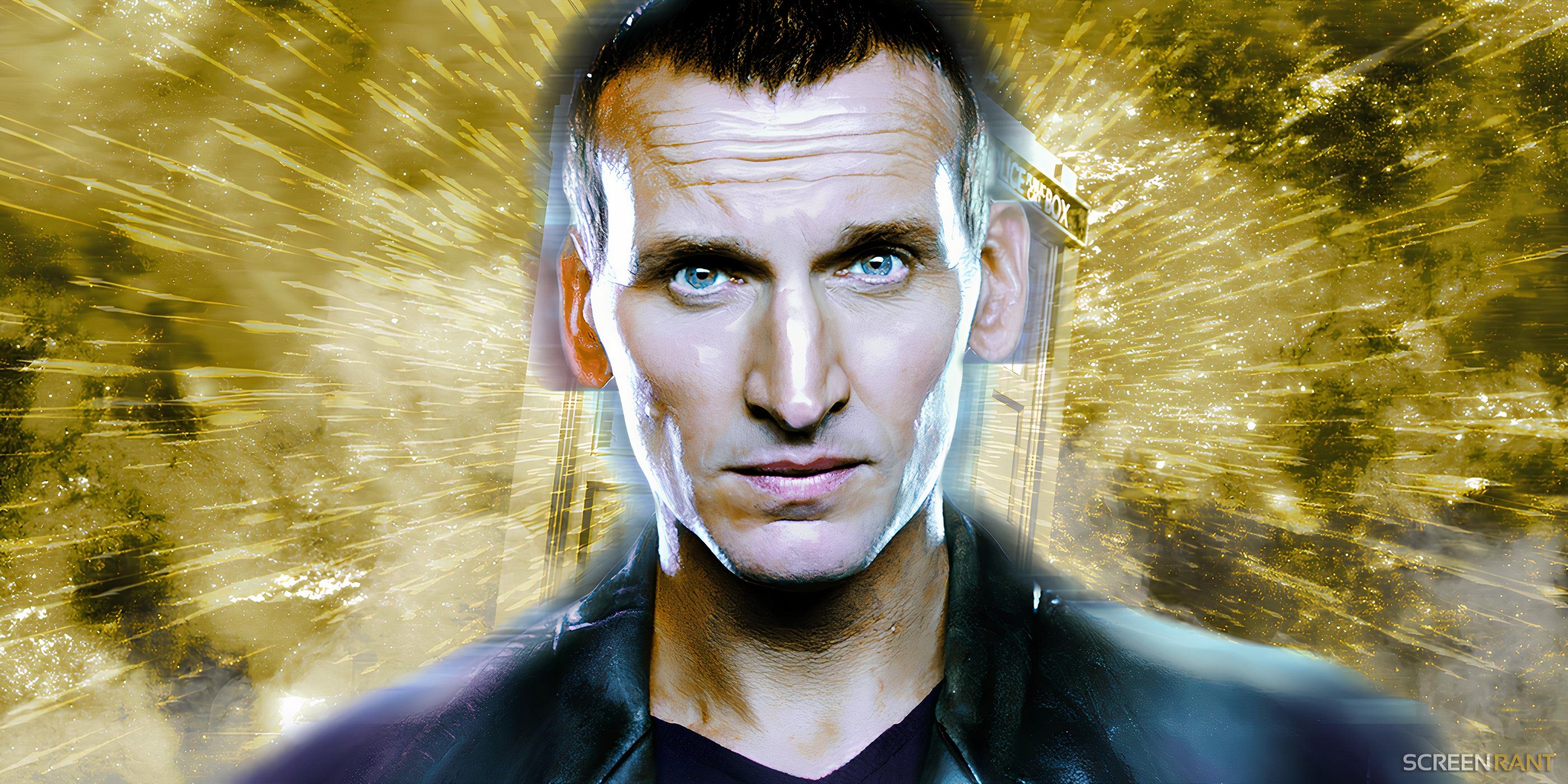 Christopher Eccleston as the Ninth Doctor in front of a golden TARDIS.