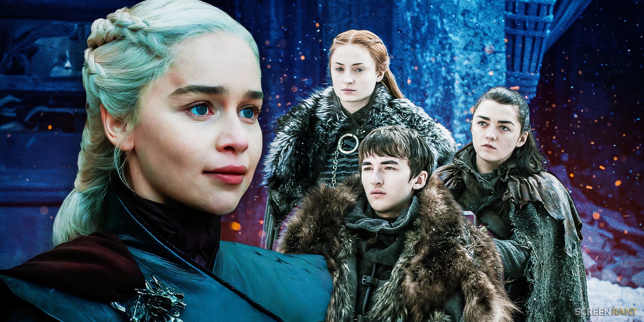 Daenerys Targaryen alongside Bran, Sansa, and Arya Stark in Game of Thrones season 8