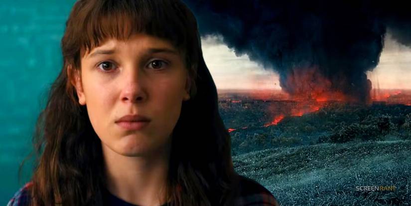 Eleven in Stranger Things season 4 next to Hawkins on fire