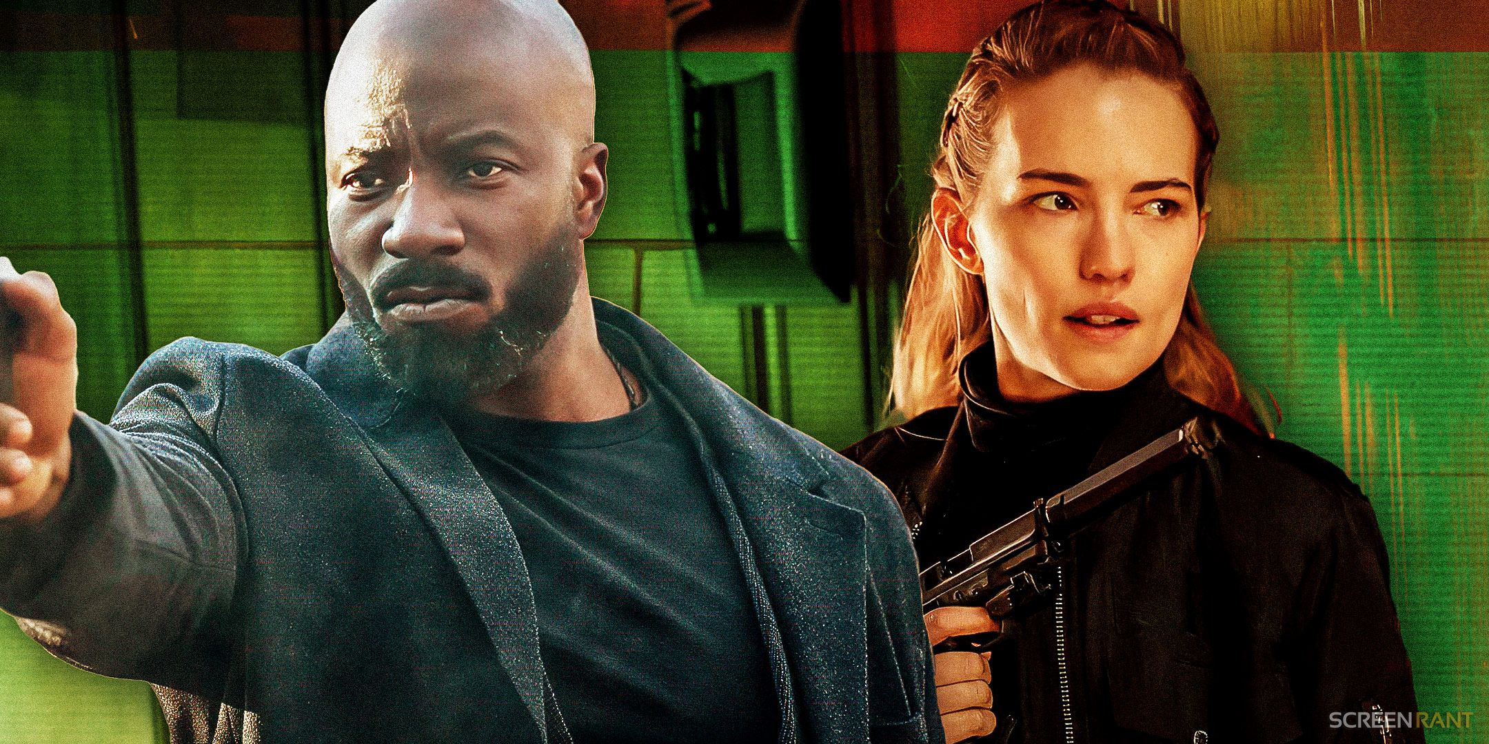 Mike Colter and Willa Fitzgerald holding guns in Alarum