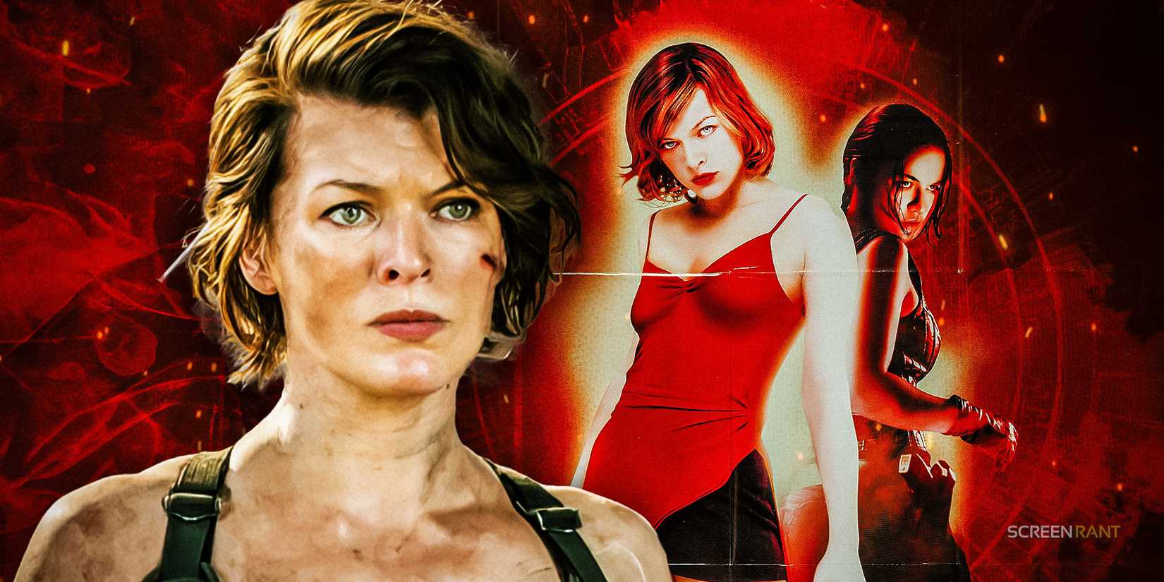 Alice from Resident Evil: The Final Chapter alongside the poster for Resident Evil (2002)
