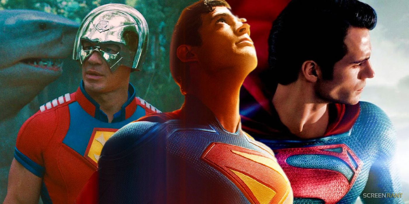 David Corenswet's Superman flying next to Henry Cavill's Man of Steel and John Cena's Peacemaker