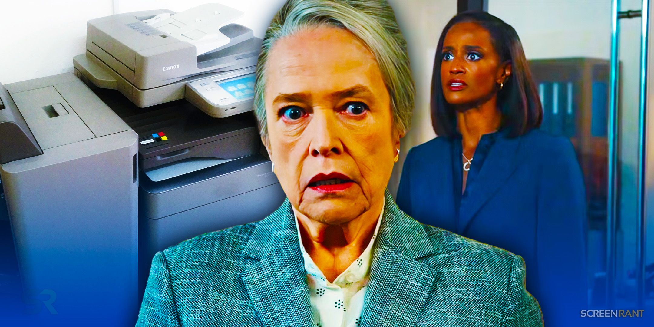 A ScreenRant Custom Image of Kathy Bates as Madeline Matlock with a printer and Olympia in the background