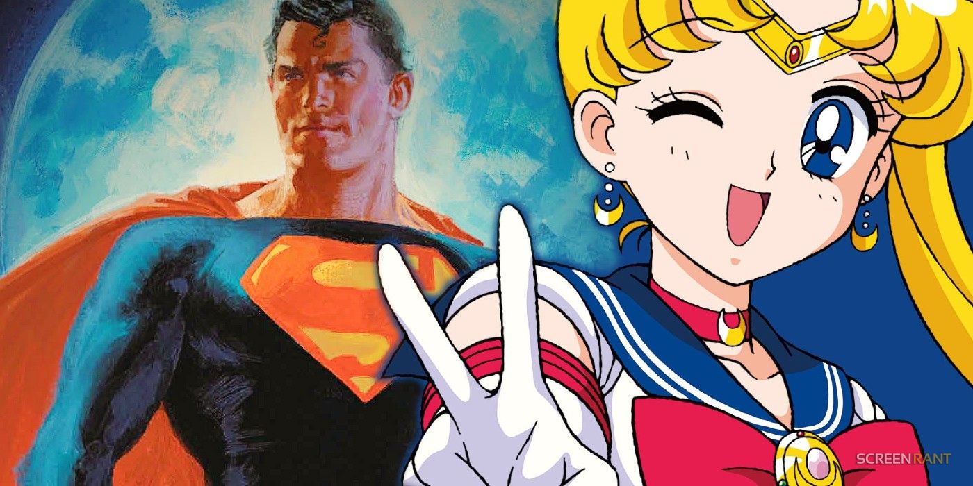 The comic version of Superman poses in front of the moon. Pasted over the image is anime Sailor Moon making a peace sign.