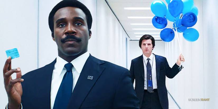 Milchick holding note next to Mark holding balloons in Severance season 2 premiere