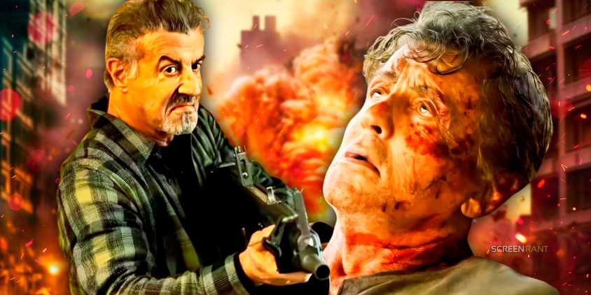 Sylvester Stallone holding a shotgun in Alarum and as a wounded Rambo in Last Blood