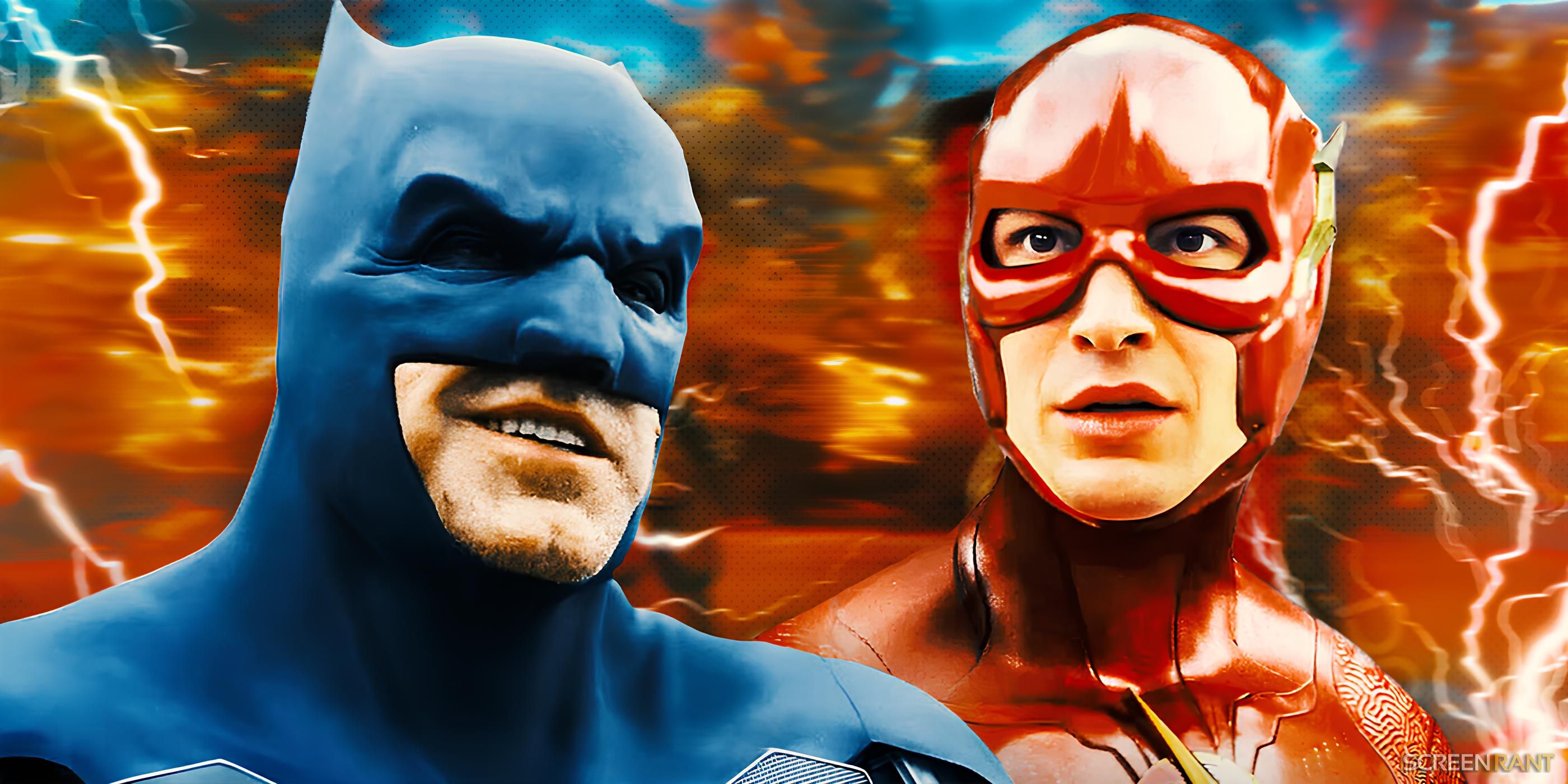 Ben Affleck's Batman and Ezra Miller's Flash from The Flash with a lightning background