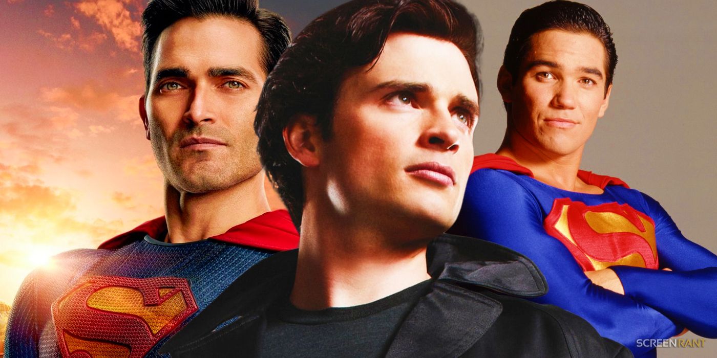 Tom Welling, Tyler Hoechlin and Dean Cain posing as their versions of Superman