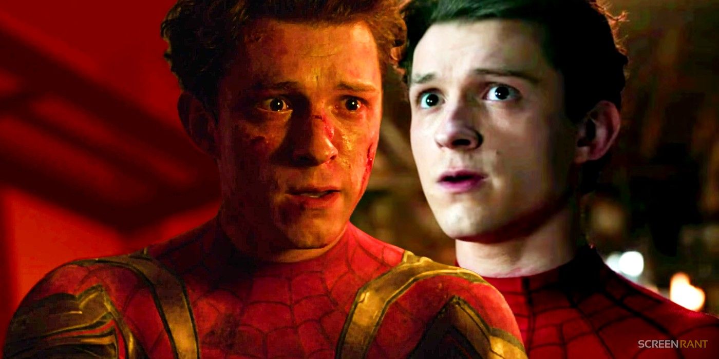 Tom Holland's Peter Parker crying and looking concerned in No Way Home