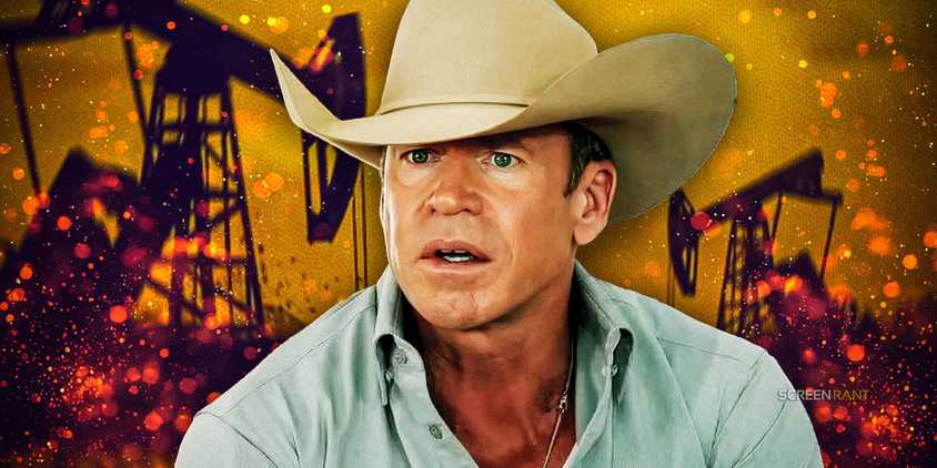 A custom image of Taylor Sheridan looking shocked with Yellowstone imagery of oil rigs in the background