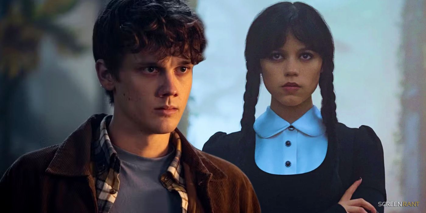 Hunter Doohan as Tyler next to Jenna Ortega as Wednesday in season 2