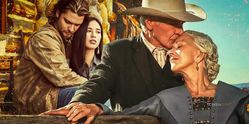 A ScreenRant Custom Collage of Kayce and Monica and Jacob and Cara Dutton in Yellowstone