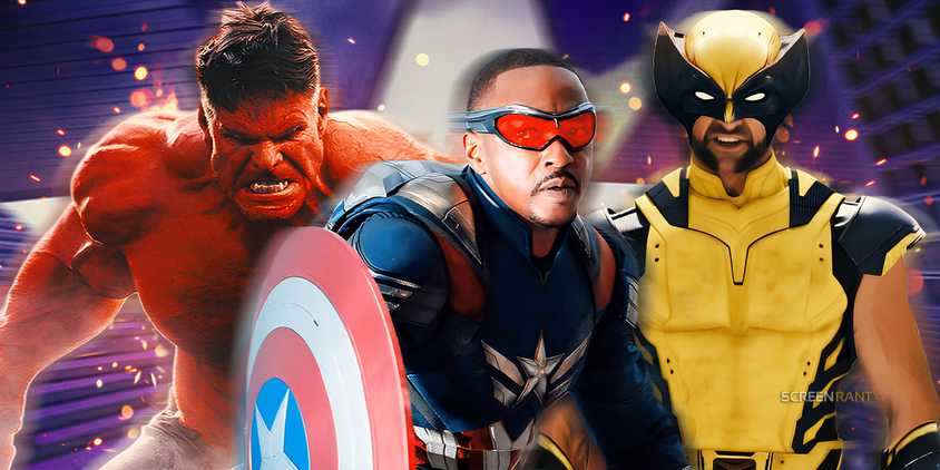 Harrison Ford's Red Hulk, Anthony Mackie's Captain America, and Hugh Jackman's Wolverine in front of Captain America's shield