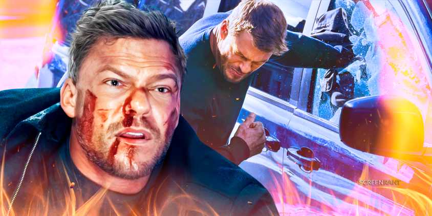 A bloody Reacher (Alan Ritchson) and Reacher punching out a car window, both from season two