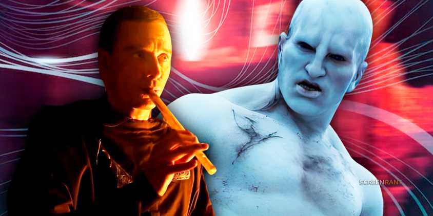 An Engineer from Prometheus looking angry with Michael Fassbender playing the flute in Alien: Covenant