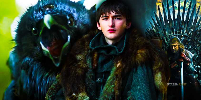 Bran Stark in Game of Thrones season 8 with a three-eyed raven and Ned Stark
