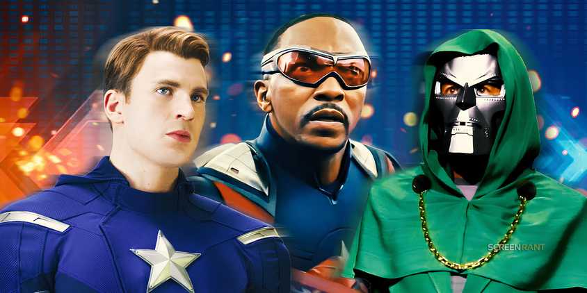 Chris Evans' Captain America, Anthony Mackie's Captain America, and Robert Downey Jr. as Doctor Doom