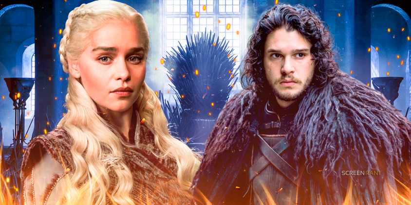 Daenerys Targaryen (Emilia Clarke) and Jon Snow (Kit Harington) in Game of Thrones with the Iron Throne behind them