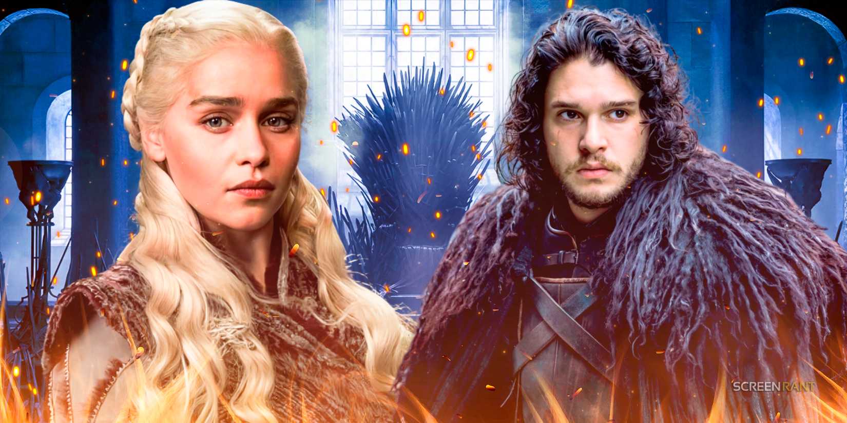 Daenerys Targaryen (Emilia Clarke) and Jon Snow (Kit Harington) in Game of Thrones with the Iron Throne behind them
