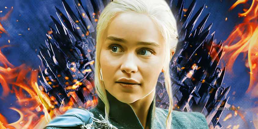 Daenerys Targaryen (Emilia Clarke) with the Iron Throne behind her in Game of Thrones