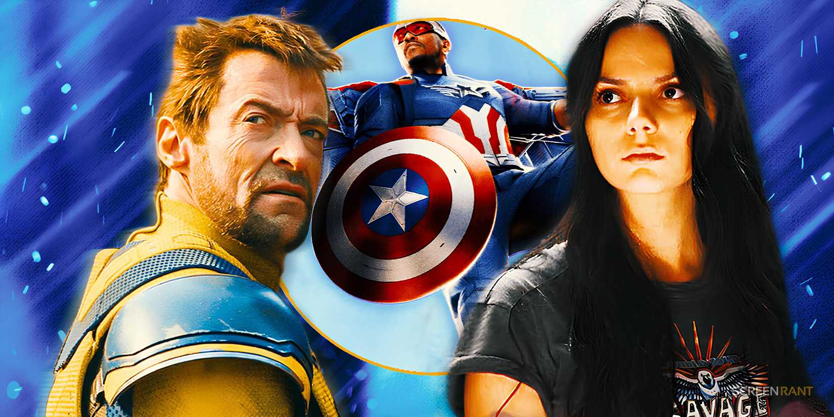Hugh Jackman's Wolverine, Anthony Mackie's Captain America, and Dafne Keen's X-23