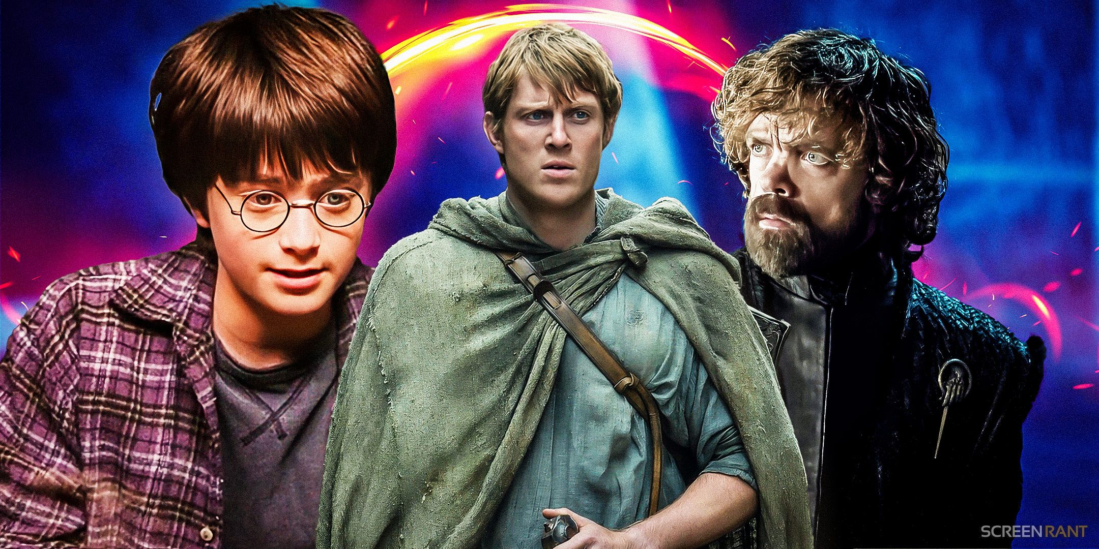 Daniel Radcliffe as Harry Potter, Peter Claffey as Dunk in A Knight of the Seven Kingdoms, and Peter Dinklage as Tyrion Lannister