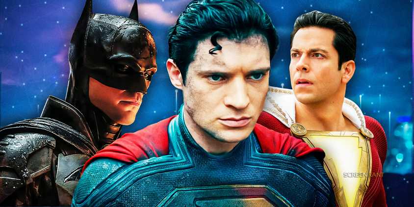 David Corenswet’s Superman in the middle, Robert Pattinson’s Batman, and Zachary Levi’s Shazam